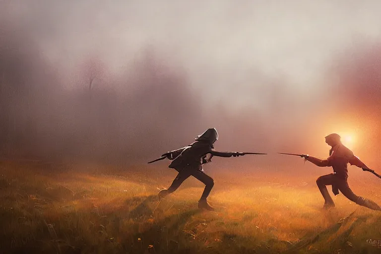 Prompt: two silhouettes fighting each other on foggy moody battlefield, photorealistic, bokeh, by greg rutkowski