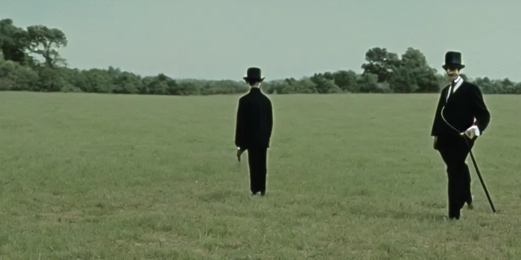 Image similar to a still of a 60s movie of a man holding a cane wearing a black suit and a bowler hat with a robotic face walking in a empty field