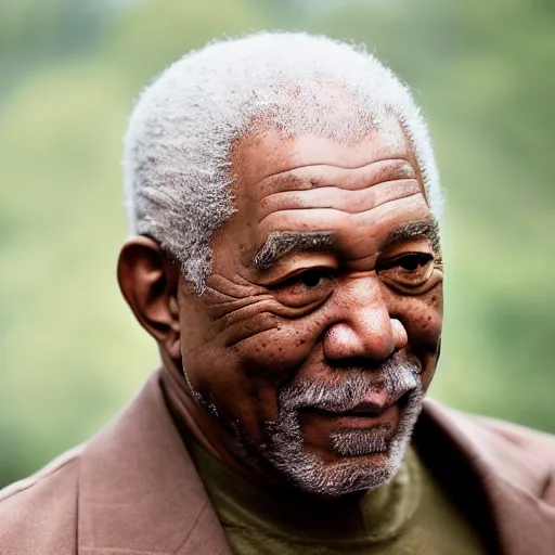 Prompt: a candid portrait photograph of Kanye West starring as Old man Morgan Freeman, in the style of Chi Mondu, shallow depth of field, 40mm lens