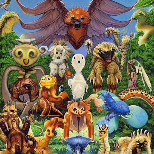 Image similar to A beautiful land art of a group of creatures that looks like a mix of different animals. Most of the creatures have human-like features, such as arms and legs, and some are standing upright while others are crawling or flying. Digimon by Larry Elmore relaxed