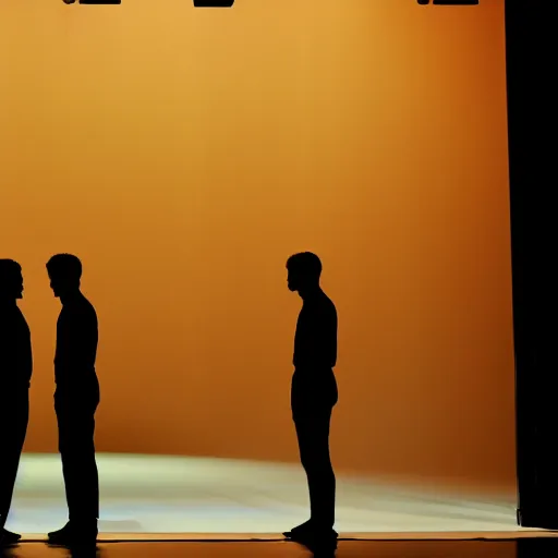 Prompt: two male silhouettes on a big theatre stage, grim