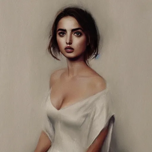 Image similar to portrait of beautiful happy young ana de armas wearing a beautiful silky white dress, painted by greg rutkowski