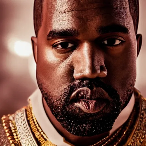 Image similar to Portrait of Kanye West as a king. splash art, cinematic lighting, dramatic, octane render, long lens, shallow depth of field, bokeh, anamorphic lens flare, 8k, hyper detailed, 35mm film grain