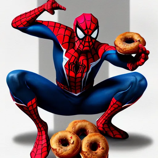 Image similar to spider - man sit on the raccoon and eating donuts, concept art, trending on artstation, highly detailed, intricate, sharp focus, digital art, 8 k