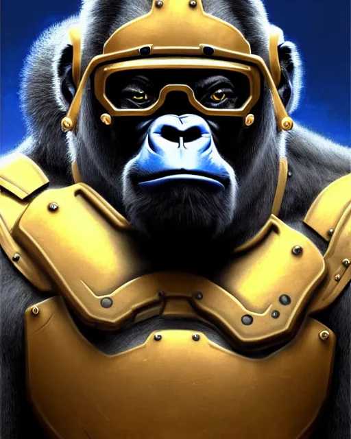 Prompt: winston the gorilla from overwatch, wearing armor, wearing square glasses, smart looking, character portrait, portrait, close up, highly detailed, intricate detail, amazing detail, sharp focus, vintage fantasy art, vintage sci - fi art, radiant light, caustics, by boris vallejo