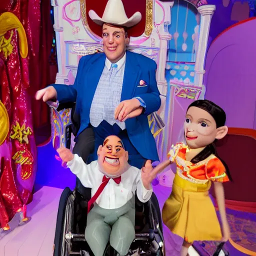 Image similar to a six year old child puppet in a wheelchair in the its a small world ride in real life that looks exactly like greg abbott the governor of texas, highly detailed, high definition, ultra realistic