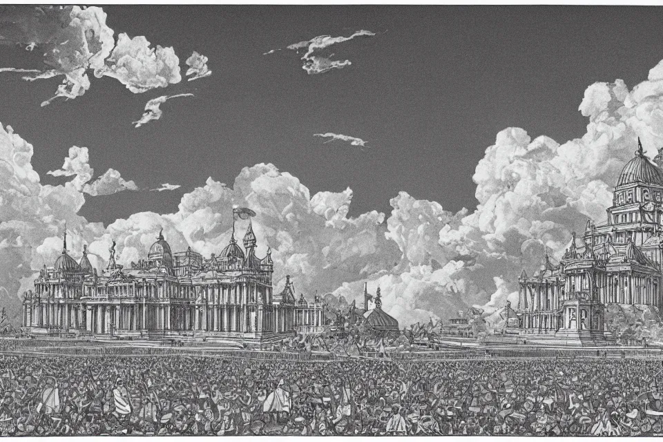 Prompt: an imposing heaven court, floating on clouds in a bright blue sky, monumental, ordered, empty, 1 9 7 0 s grainy vintage illustration, detailed, epic,