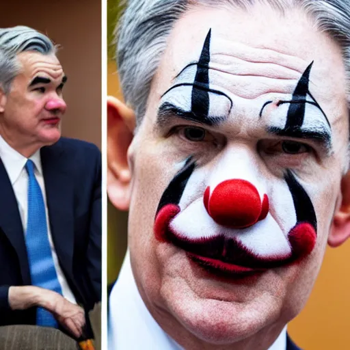 Image similar to Jerome Powell with clown makeup whiteface, talking with other clowns, full body, photo realistic, highly-detailed