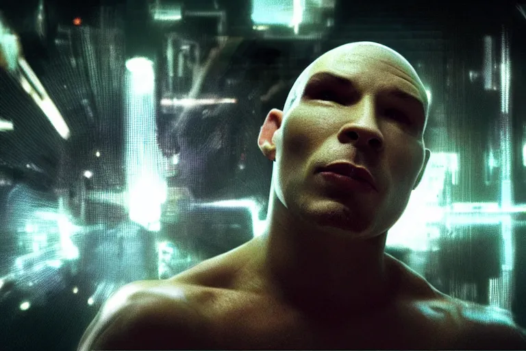 Image similar to cyborg - pitbull, surrounded by screens, in 2 0 5 5, y 2 k cybercore, industrial low - light photography, still from a ridley scott movie