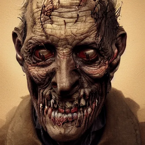 Image similar to portrait of an old man with dark rotting skin,creepy smile,digital art,art by trevor henderson,greg rutkowski,photorealistic,hyperdetailed,detailed face,deviantart,artstation,scary,eerie,creepy atmosphere,1 light source from above