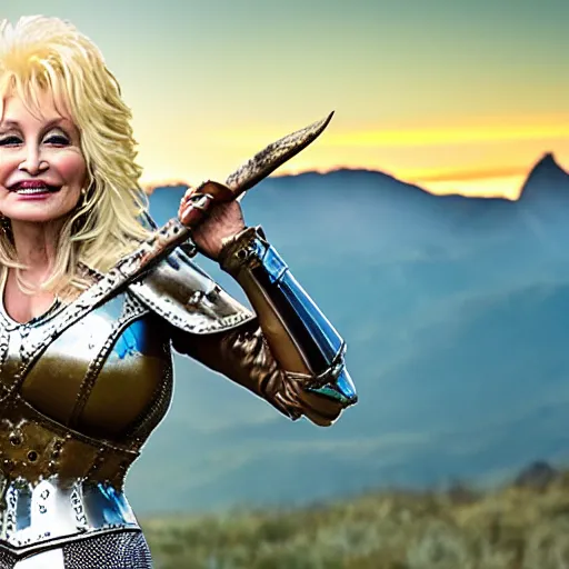 Prompt: Dolly Parton as a leading warrior, wearing Spartan leather armor, cinematic, photography, promotional advertising, rocky mountain range, sunset background