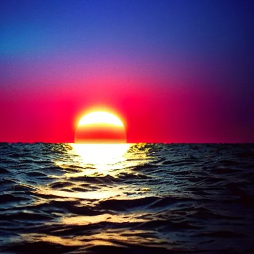 Image similar to Photo of a shimmery glowing orb emerging from the ocean over a synthwave sunset, ultrarealistic