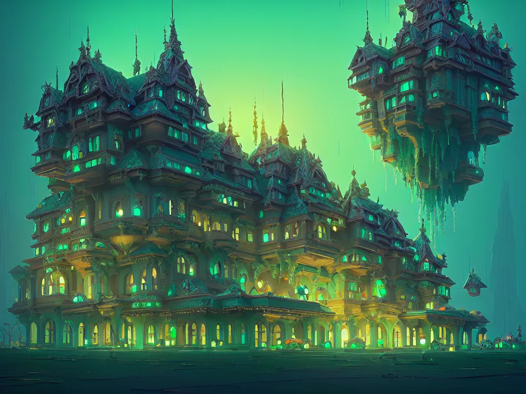 Prompt: emerald gem gemstone palace, moody:: Simon Stålenhag and beeple and James Gilleard and Justin Gerard :: ornate, dynamic, particulate, intricate, elegant, highly detailed, centered, artstation, smooth, sharp focus, octane render, 3d