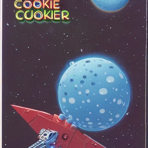Prompt: Cookie Monster, 1970s sci-fi paperback cover art by Peter Elson