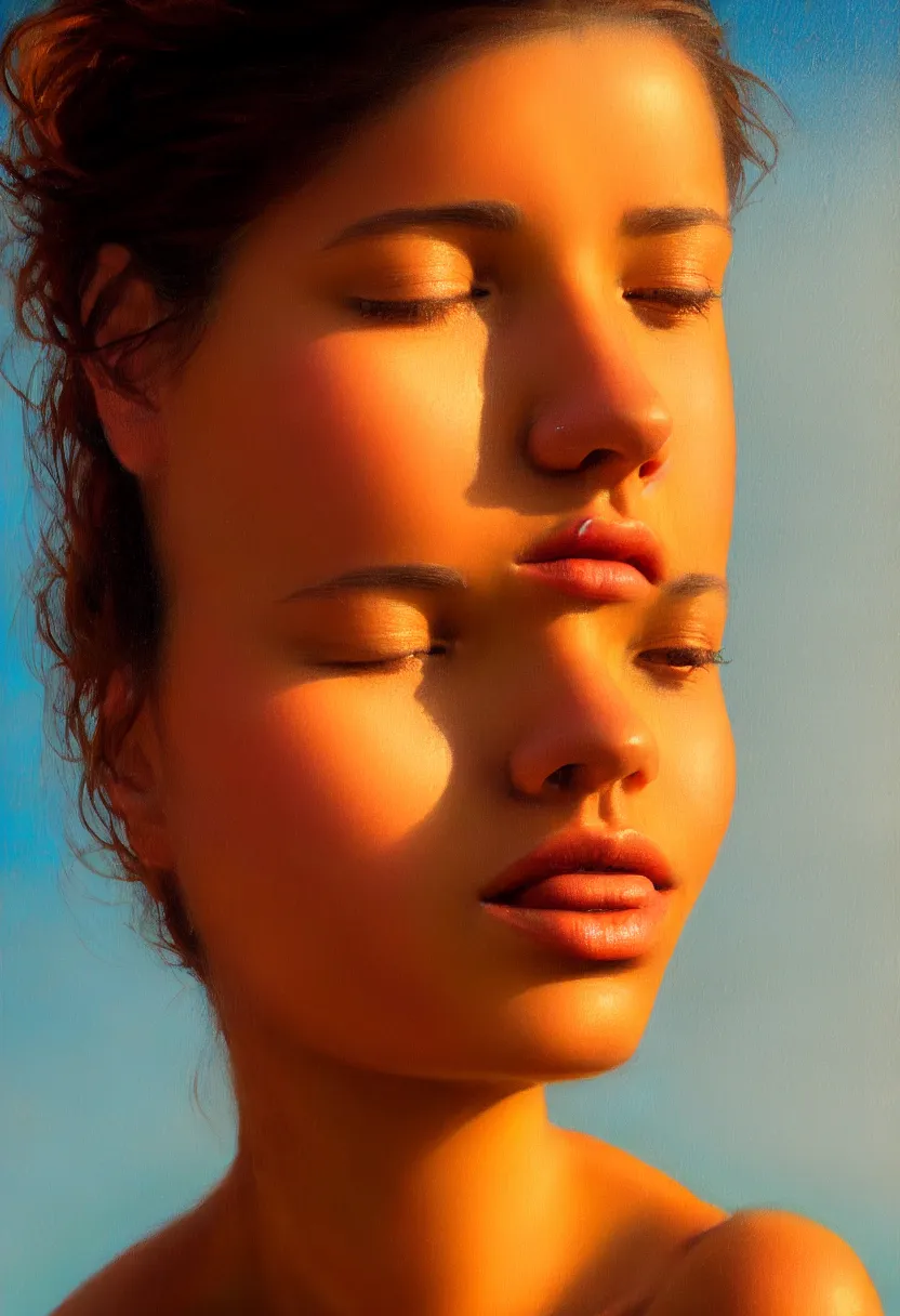 Image similar to a face portrait of a beautiful girl enjoying the warm sunlight, cuban setting, close - shot, symmetrical face, warm colors, soft lighting, atmospheric, cinematic, moody, in the style of diego koi, gina heyer, luiz escanuela, art by alyssa monk, hyperrealism, rule of thirds, golden ratio, oil on canvas, 8 k