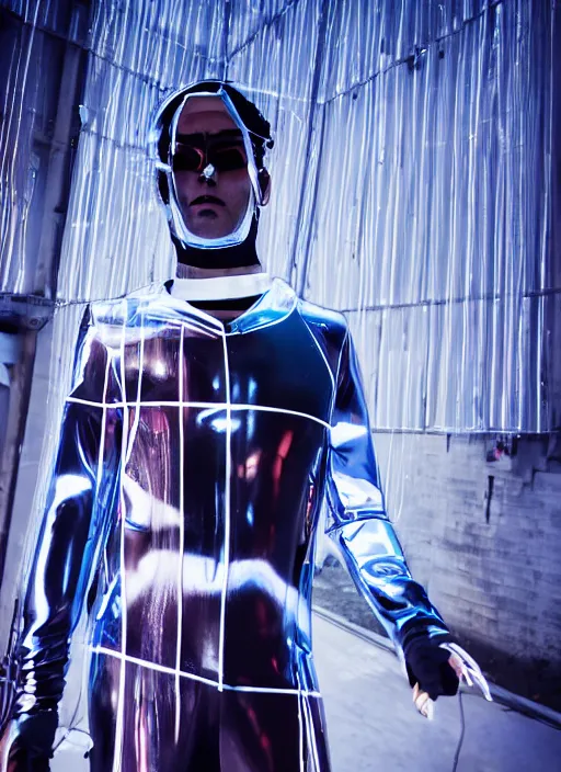 Prompt: a close-up of cyberpunk model man with black eyes and visible face wearing latex catsuit and lots of transparent and cellophane accessories, blue hour, twilight, cool, portrait, Kodachrome, ISO1200,