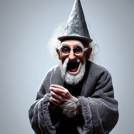 Prompt: the cookie monster as an old druid wizard, bald, bushy grey eyebrows, long grey hair, disheveled, wise old man, wearing a grey wizard hat, wearing a purple detailed coat, a bushy grey beard, sorcerer, he is a mad old man, laughing and yelling
