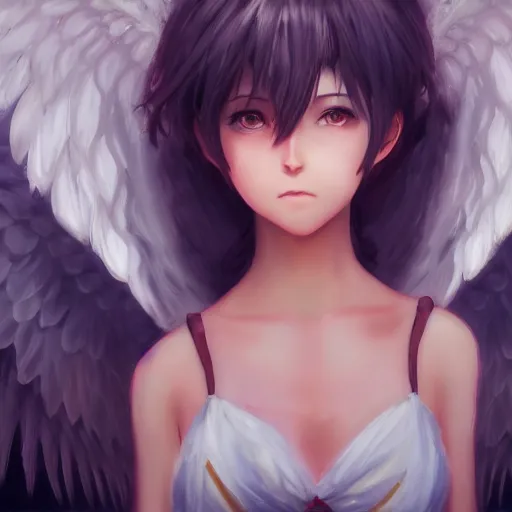 Image similar to an oil painting of an anime girl with angel wings, hd, hdr, ue 5, ue 6, unreal engine 5, cinematic 4 k wallpaper, 8 k, ultra detailed, high resolution, artstation, award winning