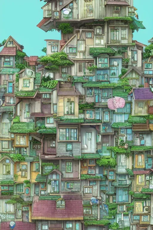 Image similar to stacked houses, solarpunk, studio ghibli