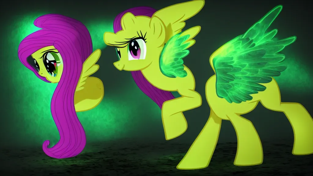 Image similar to 3D Fluttershy from My Little Pony as a necromancer, standing over a dead pony, bright green swirls coming up around her, glowing aura, pitch black background, dramatic and colorful lighting, she is surrounded by green chibi glowing skulls, smoke all around, unrealengine, 4k, HDR