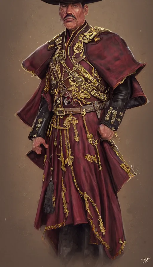 Image similar to federal commander full body portrait, stern look, late xix century red and carmesi gaucho style, ornate poncho, steppe geommetrical background, intricate, highly detailed, digital painting, artstation, concept art, sharp focus, illustration, art by Artgerm, Grafit Studio, and Greg Rutkowski, Craig Mullins, Makoto Shinkai, Stanley Artgerm Lau, WLOP, Rossdraws, James Jean, Andrei Riabovitchev, Marc Simonetti, krenz cushart, Sakimichan, D&D trending on ArtStation, digital art - W 640