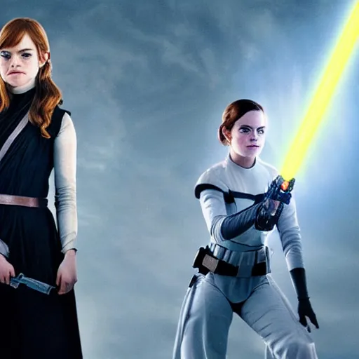 Prompt: emma stone and emma watson in Star Wars, movie still