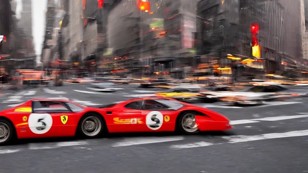 Image similar to One Ferrari 512 races down fifth Avenue in New York City, motion blur, dusk, highly detailed and realistic photograph, no people