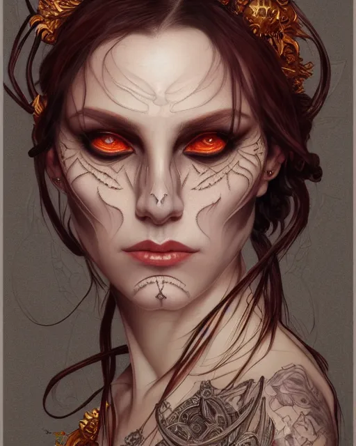 Image similar to portrait of a satanic witch, tattooed face, upper body, decorated, intricate, elegant, highly detailed, digital painting, artstation, concept art, smooth, sharp focus, illustration, art by artgerm and greg rutkowski and alphonse mucha, 8 k