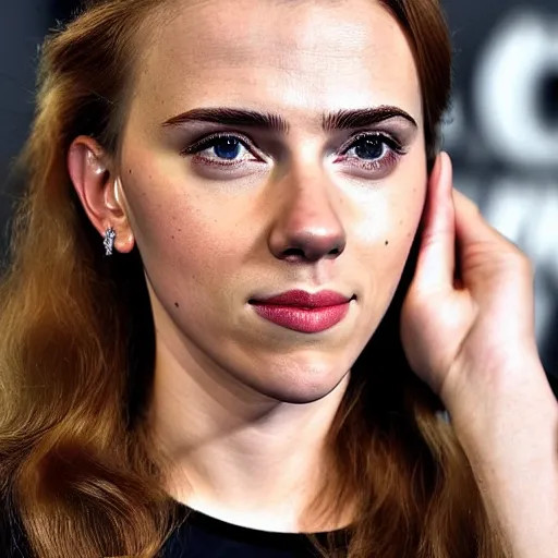 Image similar to a woman who is a genetic combination of scarlett johansson and emma watson face and upper - body focus