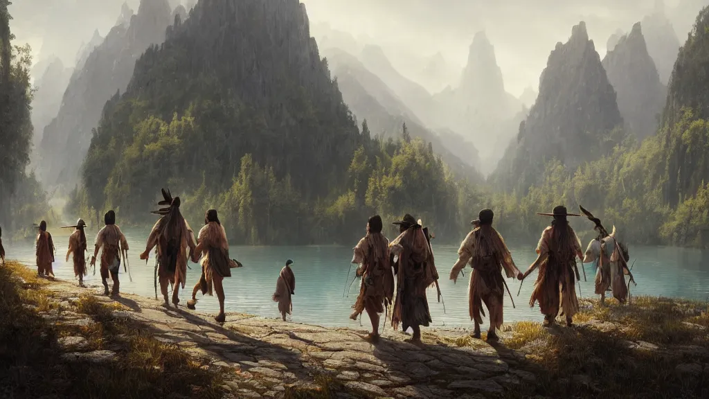 Image similar to highly detailed image of a group of indigenous travelers, walking in a line, traditional clothing, unreal engine, fantasy art by greg rutkowski, mountains, lake, hunter, by greg rutkowski, cgsociety, ferdinand knab, rossdraws, tom bagshaw, global illumination, radiant light, detailed and intricate environment