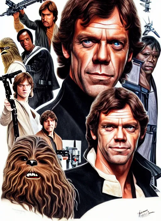 Image similar to upper body portrait of hugh laurie as han solo in star wars ( 1 9 7 7 ), wearing han solos clothes, wearing a black vest and a white shirt, hyperrealistic, very detailed painting by glenn fabry, by joao ruas, by artgerm