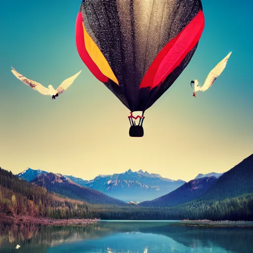 Image similar to photo of two black swans swimming in a beautiful reflective mountain lake, touching heads, forming a heart with their necks, a colorful hot air balloon is flying above the swans, hot air balloon, intricate, portrait, 8k highly professionally detailed, HDR, CGsociety, octane render, 4k