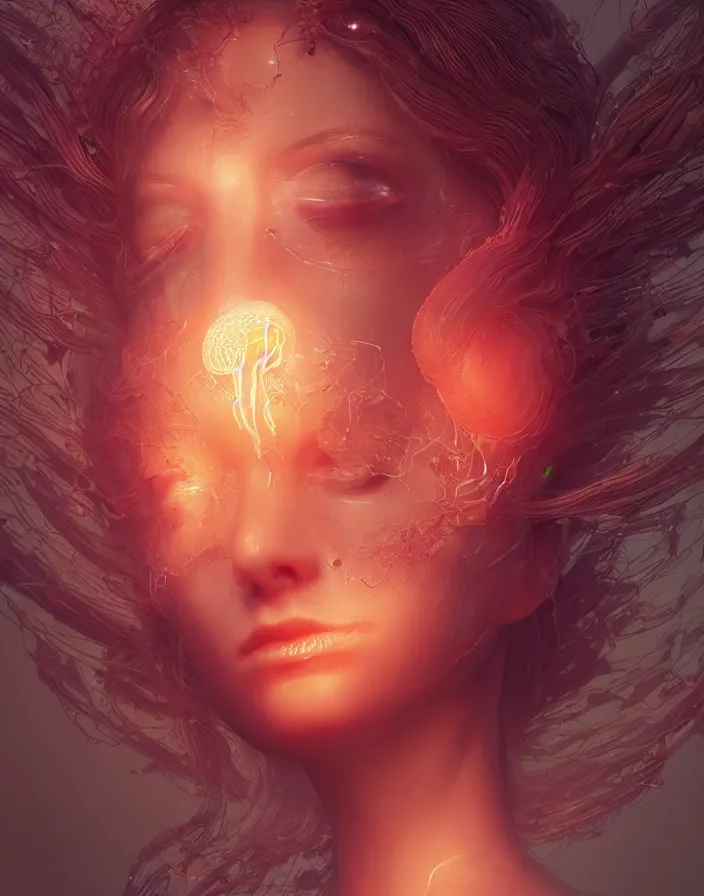 Image similar to goddess portrait. jellyfish phoenix head. intricate artwork by Tooth Wu and wlop and beeple. octane render, trending on artstation, greg rutkowski very coherent symmetrical artwork. cinematic, hyper realism, high detail, octane render, 8k