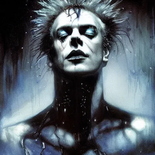 Image similar to stunning portrait of gaunt sid vicious a ( the cure fan ) as dream from sandman, dim stars as eyes, by jeremy mann, by cedric peyravernay, by by russ mills, by richard avedon and ben templesmith, dramatic lightning, sadness, dark eye sockets, in the shadows, punk rock, gothic, high detailed, 8 k