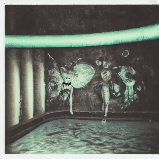 Image similar to abandoned indoor water park with strange creatures lurking, polaroid photo