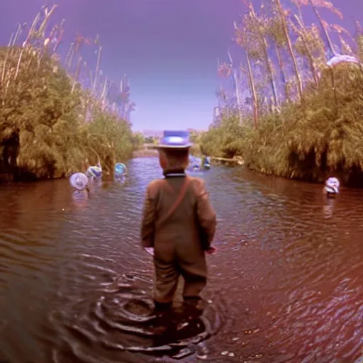 Prompt: grainy security cam footage still of Augustus Gloop in the chocolate river, movie still from Willy Wonka and his Chocolate Factory, extreme wide angle