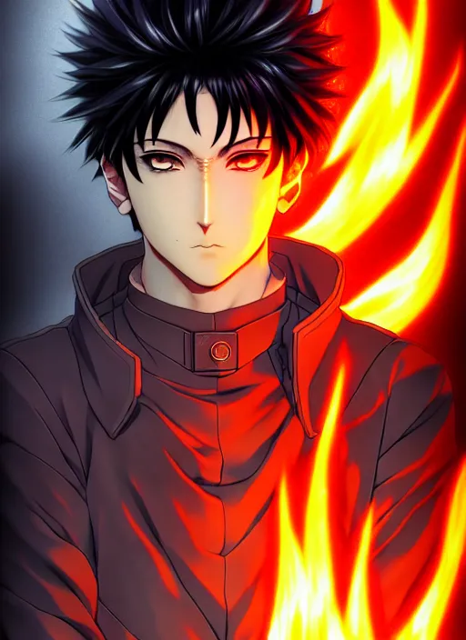 Image similar to a detailed manga full body portrait illustration of a dark haired cyborg anime man surrounded by fire by hirohiko araki, detailed artwork, realism, 4 k resolution, detailed, high quality, sharp focus, hq artwork, insane detail, volumetric lighting, character concept art, fine details, clear subject, central subject