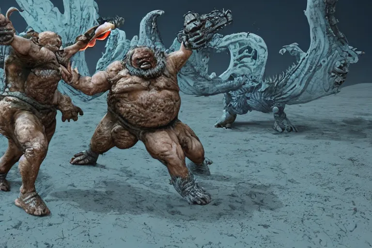 Image similar to photo, two old hairy fat ugly men! fighting alien monsters 4 0 1 2 7 on a beach, highly detailed, scary, intricate details, volumetric lighting, front view