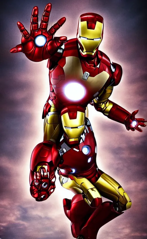 Image similar to full body shot of Iron man in a dynamic pose, high detail, complex