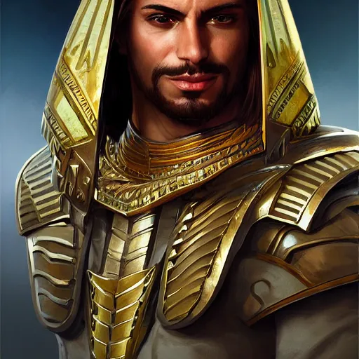 Image similar to male egyptian warrior, D&D, painted fantasy character portrait, headshot, intricate, elegant, highly detailed, digital painting, artstation, concept art, sharp focus, illustration, art by artgerm and greg rutkowski and alphonse mucha