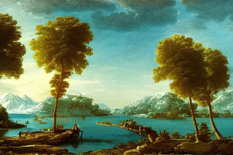 Prompt: beautiful landscape with winter and lake and coconut trees, mythology, fantasy, landscape background, vivid colors, digital painting, very detailed, realistic, high quality, by claude lorrain