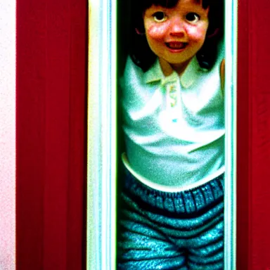 Image similar to a little kid looking through a vertical crack on a white wooden door while grinning maniacally, a film still from the 1 9 8 0 movie the shining, 8 k, grainy, portrait, extremely detailed, close - up, arriflex 3 5 bl