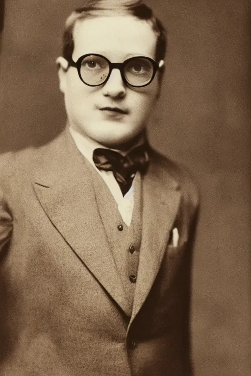 Prompt: lemon, wearing a suit and glasses, vintage photograph, sepia