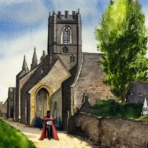 Prompt: a watercolor painting of darth vader leaving a medieval church in a a quaint english village, landscape, trees