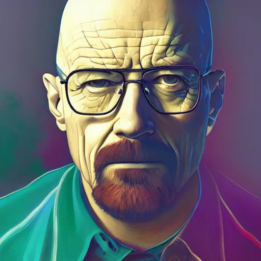 Image similar to high quality illustration, walter white realistic portrait, by etam cru, cyberpunk, alphonse mucha, riot game, beautiful, epic camera, alexandre bourlet, colorful background, arcane, lois van baarle, league of legend, digital painting, james jean, dynamic colors, greg rutkuwsky, artstation, concept art, neon