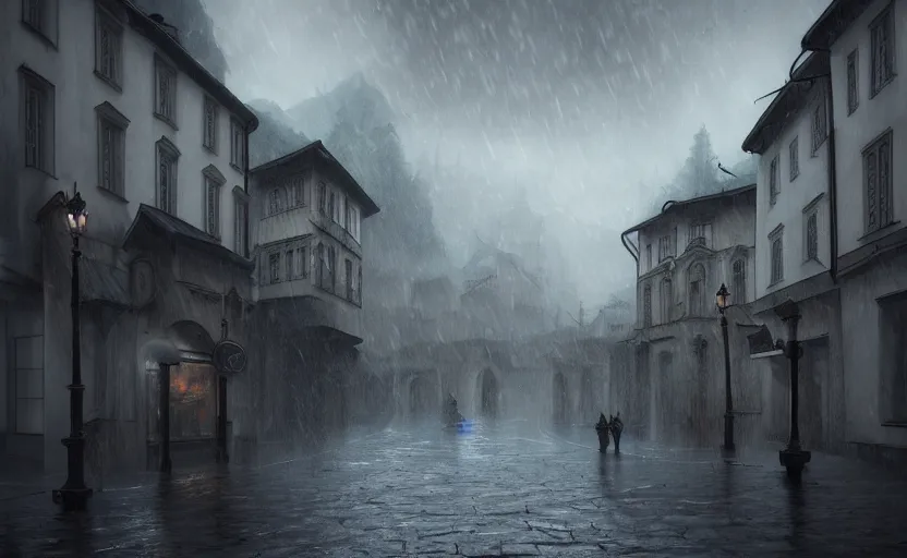 Image similar to extreme long shot concept art depicted rainy old austrian town, dramatic mood, deep environment, art by legends of runeterra and michelangelo buonarotti, trending on artstation, unreal engine
