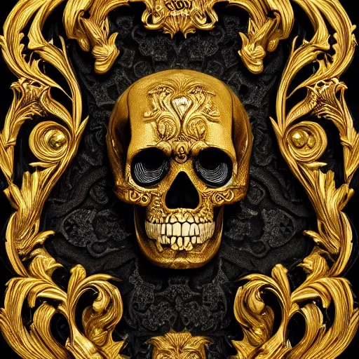 Prompt: 3d golden and black skull engraved with baroque ornaments. trending on artstation. octane render. dark art. gothic art. symmetrical artwork