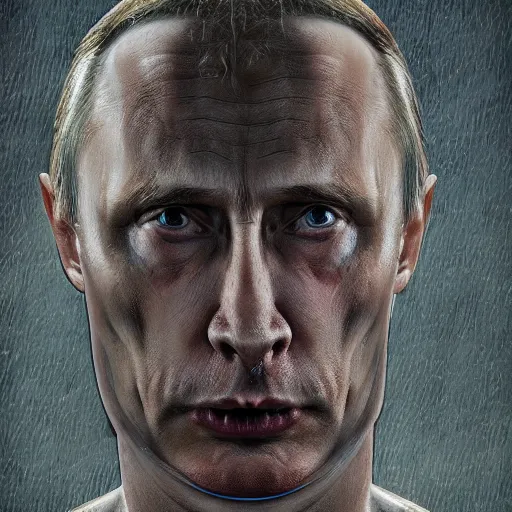 Image similar to stupid degraded retard vlad putin photo - realistic, color image, hyper realistic, 2 k, highly detailed, occult art, by giger, fractal structure