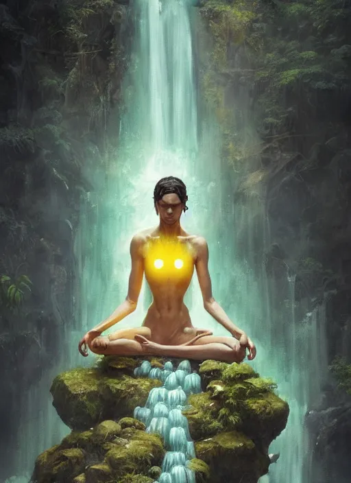 Image similar to a sage meditates under a waterfall pieces with glowing yelow eyes, as a realistic, torso, art by james jean and greg rutkowski!!, real body proportions, digital art,, golden ratio, perfect composition, trending on artstation, 8 k