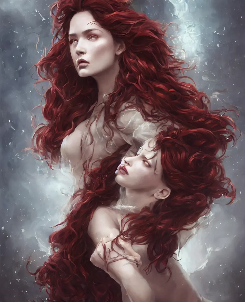 Prompt: a portrait of a ice queen with long dark curly red hair, stoic, brown skin, alone dramatic, epic painting, painted by artgerm and wlop, cgsociety, roses, wolf, crows beautiful, artbreeder, artstation, maximalist fashion dress, full body, octane render, sharpness, 8 k, golden ratio